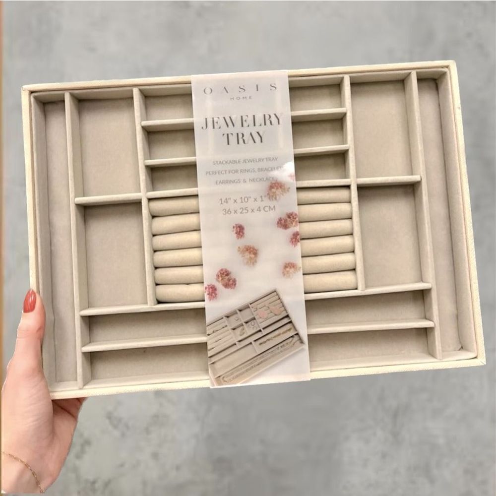 NWT Gorgeous Tan velvet Big 14”x10”x1” Jewelry Stackable Tray Case Box Organizer